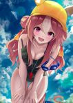  1girl ass_visible_through_thighs baseball_cap black_one-piece_swimsuit blurry blurry_background breasts brown_hair cloud commentary_request copano_rickey_(umamusume) double_bun ears_through_headwear fang hair_between_eyes hair_bun hair_ornament hat herohero_(higashi_no_dou) highres long_hair looking_at_viewer medium_breasts multicolored_hair one-piece_swimsuit open_mouth pink_eyes sky smile solo streaked_hair swimsuit tassel tassel_hair_ornament umamusume walkie-talkie whistle whistle_around_neck white_hair yellow_headwear 