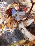  &gt;:( 1girl abstract_background ambrosia_(dungeon_meshi) backpack bag belt belt_pouch blonde_hair blue_capelet blue_shirt book book_holster capelet dungeon_meshi elf food food_in_mouth green_eyes grimoire hair_ribbon highres holding holding_staff kebab marcille multicolored_background pants pointy_ears ponytail pouch red_ribbon ribbon shirt sideways_glance skewer sleeping_bag sprout staff toi8 v-shaped_eyebrows white_pants 