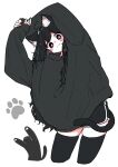  ahoge animal_ears animal_hands arms_up black_eyes black_hair black_hoodie black_shorts blush cat cat_ears cat_paws cat_tail highres hood hoodie long_hair megateru messy_hair original oversized_clothes own_hands_together shorts simple_background skindentation smile tail tareme thighhighs very_long_hair wavy_hair white_background 