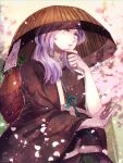  1other ajirogasa androgynous brown_kimono cherry_blossoms falling_petals hand_on_own_elbow hat highres holding_own_hair japanese_clothes kimono len&#039;en long_hair long_sleeves looking_at_viewer ofuda ofuda_on_clothes other_focus outdoors petals plant potted_plant purple_eyes purple_hair sash shirami_souko signature solo strap tree upper_body vase veil white_sash wide_sleeves yukkyon_kyon 