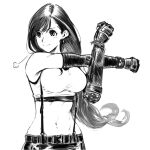 1girl =3 bare_shoulders bracelet breasts clenched_hands closed_mouth commentary_request crop_top earrings elbow_gloves elbow_pads final_fantasy final_fantasy_vii final_fantasy_vii_remake gloves greyscale hair_behind_ear hand_up highres jewelry kae_shiramizu large_breasts light_blush long_hair looking_to_the_side low-tied_long_hair midriff monochrome navel outstretched_arm sigh single_arm_guard single_earring single_elbow_pad skirt smile solo sports_bra stomach_day stretching suspender_skirt suspenders swept_bangs tank_top tifa_lockhart toned upper_body very_long_hair white_background 