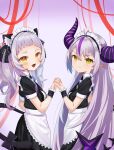  &gt;:) animal_ears apron arched_bangs black_bow black_dress black_horns bow braid braided_bangs cat_ears cat_girl cat_tail center_frills closed_mouth demon_girl demon_horns demon_tail dot_keter dress fang frills from_side grey_hair hair_between_eyes hair_bow highres holding_hands hololive horns interlocked_fingers la+_darknesss long_hair looking_at_viewer maid_headdress multicolored_hair murasaki_shion open_mouth orange_eyes pleated_dress pointy_ears puffy_short_sleeves puffy_sleeves purple_hair purple_horns raised_eyebrow short_sleeves slit_pupils smile streaked_hair striped_horns tail twintails v-shaped_eyebrows very_long_hair virtual_youtuber waist_apron yellow_eyes 