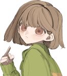  1other blush brown_eyes brown_hair chara_(undertale) closed_mouth green_sweater highres i3dpi long_sleeves looking_at_viewer other_focus pointing pointing_at_self short_hair simple_background sleeves_past_wrists solo sweater undertale upper_body white_background 