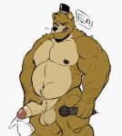  2023 anthro balls bear biceps biped brown_body brown_fur clothing condom dialogue digital_media_(artwork) english_text eyebrows filled_condom five_nights_at_freddy&#039;s freddy_(fnaf) fur genitals hat hat_only headgear headgear_only headwear headwear_only holding_microphone holding_object humanoid_genitalia humanoid_penis kyutka3 male mammal masturbation microphone mostly_nude musclegut muscular muscular_anthro muscular_male muscular_thighs navel open_mouth open_smile orgasm overweight overweight_anthro overweight_male pecs penile penile_masturbation penis profanity quads scottgames sexual_barrier_device simple_background smile solo standing tan_body tan_fur teeth text thick_thighs tongue tongue_out top_hat wearing_condom white_background 
