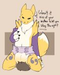  age_difference ambiguous_gender anthro baby bandai_namco battler bodily_fluids chest_tuft child claws dialogue diaper digimon digimon_(species) duo facesitting genital_fluids hand_on_chest hands_on_legs hi_res human kneeling looking_down mammal navel renamon sitting_on_another size_difference smile speech_bubble tuft urine used_diaper wet_diaper wetting young 