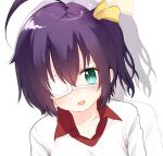  1girl :d ahoge chuunibyou_demo_koi_ga_shitai! eyepatch green_eyes hair_ribbon open_mouth portrait purple_hair red_shirt ribbon shirt short_hair smile solo susu_susuda_ko takanashi_rikka two-tone_shirt white_shirt yellow_ribbon 