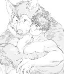  2boys alternate_pectoral_size bara character_request chest_hair completely_nude couple eye_contact furrification furry furry_with_non-furry greyscale hug hug_from_behind interspecies kekkai_sensen large_pectorals looking_at_another male_focus mature_male monochrome multiple_boys muscular muscular_male nore_(boosuke) nude pectorals short_hair sideburns smile steven_a._starphase upper_body whiskers wolf_boy yaoi 