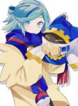  2boys blue_eyes blue_gloves closed_eyes disembodied_limb gloves grusha_(pokemon) highres kirby&#039;s_return_to_dream_land kirby_(series) looking_at_another magolor male_focus multiple_boys pokemon pokemon_(game) pokemon_sv scarf simple_background sweater ukocome white_background yellow_eyes 