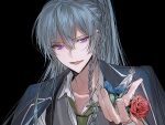  1boy blazer blue_feathers blue_hair blue_jacket braid collared_shirt eichi_turnr ensemble_stars! feathers flower green_necktie grey_vest hibiki_wataru high_ponytail highres jacket jacket_on_shoulders light_blue_hair long_hair male_focus necktie open_mouth purple_eyes red_flower red_rose rose school_uniform shirt smile solo vest white_shirt yumenosaki_school_uniform 