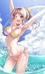  1girl aranami_shibuki armpits arms_up bang_dream! bikini blue_eyes blue_sky breasts brown_hair cleavage cloud commentary_request commission cowboy_shot day hair_ribbon highres horizon medium_breasts ocean one_eye_closed orange_bikini outdoors pixiv_commission ponytail rainbow ribbon side-tie_bikini_bottom sky solo swimsuit wading yamabuki_saya 