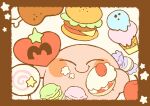  apple blush_stickers border brown_border burger cake cake_slice candy closed_eyes closed_mouth colored_skin commentary_request crumbs food fruit hitofutarai holding holding_food ice_cream ice_cream_cone invincible_candy kirby kirby_(series) macaron meat no_humans pink_skin smile solo star_(symbol) strawberry strawberry_shortcake tomato white_background 