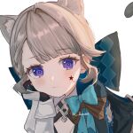  1girl animal_ear_fluff animal_ears blue_bow blush bow brown_hair cat_ears cat_girl cat_tail cleavage_cutout clothing_cutout extra_ears facial_mark genshin_impact gloves hand_on_own_face head_rest highres long_sleeves looking_at_viewer luna_(luna610) lynette_(genshin_impact) purple_eyes short_hair simple_background solo star_(symbol) tail white_background 