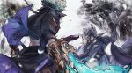  2boys animal_ears black_jacket black_pants brown_coat claw_(weapon) coat coat_on_shoulders erune granblue_fantasy grey_hair grey_jacket holding holding_mask jacket male_focus mask minaba_hideo multiple_boys necktie nehan_(granblue_fantasy) official_art outdoors pants seox_(granblue_fantasy) short_hair weapon 