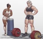  2girls abs absurdres barbell black_lips dark_skin exercise green_eyes gym hand_on_own_hip highres m4rjinn multiple_girls muscular muscular_female nose_piercing nose_ring original piercing powder purple_eyes shoes short_hair sneakers white_hair 