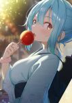  1girl alternate_costume blue_eyes blue_hair blue_kimono blurry blurry_background candy_apple commentary_request food heterochromia highres holding holding_food japanese_clothes kimono outdoors piyodesu red_eyes short_hair solo tatara_kogasa touhou upper_body 