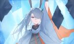  1girl absurdres animal_ear_fluff animal_ears arknights arm_up black_shirt blue_background bright_pupils cape casting_spell commentary felsushi2 frostnova_(arknights) grey_eyes grey_hair hair_ornament hair_over_one_eye hairclip highres ice long_hair looking_at_viewer magic mixed-language_commentary parted_lips rabbit_ears rabbit_girl scar scar_on_face scar_on_nose shirt simple_background solo upper_body white_cape white_pupils 
