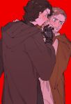  2boys anakin_skywalker beard blonde_hair blue_eyes blush brown_hair embarrassed facial_hair highres holding_hands jedi mole mole_under_eye multiple_boys mustache obi-wan_kenobi red_background simple_background sknmgr star_wars star_wars:_revenge_of_the_sith yaoi 