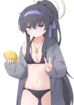  1girl bags_under_eyes bikini black_bikini black_hair blue_archive blue_hairband blush breasts cardigan closed_mouth collarbone cowboy_shot crossed_bangs food fruit grey_cardigan hair_between_eyes hairband halo highres holding holding_food jewelry lemon long_hair long_sleeves looking_at_viewer mizusaki777 navel necklace o-ring off_shoulder open_clothes ponytail purple_eyes ribbon sidelocks simple_background sleeves_past_wrists small_breasts solo sweatdrop swimsuit ui_(blue_archive) ui_(swimsuit)_(blue_archive) v white_background 