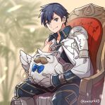  2boys armor bird blue_bow blue_bowtie blue_eyes blue_hair bow bowtie cape chrom_(fire_emblem) closed_mouth facial_hair fehnix fire_emblem fire_emblem_heroes highres juria0801 looking_at_viewer multiple_boys mustache owl shoulder_armor throne 