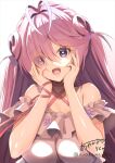  1girl antenna_hair ayakawa_riku bare_shoulders breasts character_request escalation_heroines hair_over_one_eye hands_on_own_cheeks hands_on_own_face heart heart-shaped_pupils large_breasts long_hair open_mouth pink_hair purple_eyes simple_background symbol-shaped_pupils 