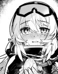  1girl arknights crying egg goggles goggles_on_head greyscale highres holding hood looking_at_viewer monochrome mulberry_(arknights) solo twitter_username yom_(ymayma00ss) 
