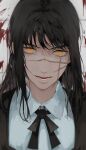  1girl absurdres black_hair blood blood_on_wall blood_splatter chainsaw_man cross_scar dress fourth_east_high_school_uniform highres long_hair looking_at_viewer niri_(eunhaha02) open_mouth pinafore_dress ringed_eyes scar scar_on_cheek scar_on_face school_uniform solo yellow_eyes yoru_(chainsaw_man) 