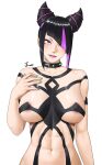  abs areola_slip black_hair breasts collar green_nails hair_horns han_juri highres large_breasts lipstick makeup multicolored_hair navel noorung pink_hair purple_hair purple_lips short_hair simple_background spiked_collar spikes streaked_hair street_fighter toned upper_body white_background 