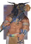  1boy abs animal_head ankh bara character_request cowboy_shot curled_horns dark_skin deer_head dougaku_(passionpit777) egyptian_mythology extra_horns highres holding holding_staff horns large_pectorals male_focus muscular muscular_male navel pectorals solo staff standing stomach topless_male v-taper 