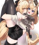 2girls animal_ear_fluff animal_ears arknights aunt_and_niece black_shorts blemishine_(arknights) blonde_hair blue_eyes breasts bright_pupils brown_eyes cape covered_nipples garrison_cap grabbing grabbing_another&#039;s_breast grabbing_from_behind hat highres horse_ears horse_girl horse_tail medium_breasts multiple_girls seto_tinami short_shorts shorts standing standing_on_one_leg tail thick_eyebrows thighhighs tsurime whislash_(arknights) white_cape yuri 