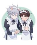  11kkr 2boys alternate_costume animal_ears apron back_bow black_bow black_bowtie black_dress blush border bow bowtie brown_hair buttons cat_ears closed_eyes closed_mouth collared_dress crossdressing dress enmaided fake_animal_ears green_background grey_hair hand_up hands_up holding holding_hands ikari_shinji juliet_sleeves long_sleeves maid maid_headdress male_focus multiple_boys nagisa_kaworu neon_genesis_evangelion open_mouth outside_border puffy_sleeves short_hair simple_background smile sweat sweatdrop tongue v-shaped_eyebrows white_apron white_border white_bow 