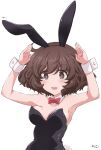  1girl :d akiyama_yukari animal_ears armpits arms_up bare_shoulders black_leotard bob_cut bow breasts brown_eyes brown_hair detached_collar girls_und_panzer hands_up hazuki_haru highres leotard medium_breasts messy_hair open_mouth playboy_bunny rabbit_ears rabbit_tail red_bow signature simple_background smile strapless strapless_leotard tail teeth upper_body upper_teeth_only white_background wrist_cuffs 