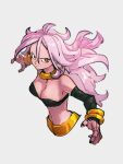  1girl android_21 bracelet breasts choker cleavage closed_mouth colored_skin dragon_ball dragon_ball_fighterz grey_background jewelry kemachiku long_hair looking_at_viewer majin_android_21 medium_breasts midriff navel pink_hair pink_skin red_eyes simple_background solo upper_body yellow_choker 