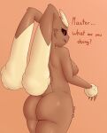  2023 anthro big_breasts big_butt breasts brown_body brown_fur butt digital_media_(artwork) dmoon female fur generation_4_pokemon genitals hi_res lagomorph looking_at_viewer lopunny mammal nintendo nipples nude open_mouth pokemon pokemon_(species) pussy simple_background solo tail text thick_thighs yellow_body yellow_fur 