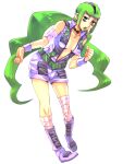  bags_under_eyes bandaged_arm bandaged_leg bandages black_hair boots donatello_versus full_body genderswap genderswap_(mtf) green_eyes green_hair green_lips jojo_no_kimyou_na_bouken multicolored_hair saksak69 shorts standing stone_ocean striped_hair twintails two-tone_hair v-neck 