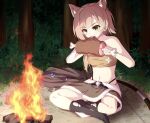  1girl alternate_costume animal_ear_fluff animal_ears bandaged_arm bandaged_leg bandages bare_shoulders belt black_belt black_socks boned_meat bow_(weapon) bracelet breasts brown_cloak brown_skirt campfire cloak cloak_removed colored_eyelashes commentary_request crossed_legs eating feet fingernails fire food forest full_body fur-trimmed_skirt fur_trim glint grass green_eyes hair_between_eyes hands_up highres holding holding_food jewelry light_blush light_brown_hair long_hair looking_at_food meat mikuni_sairi nature navel night no_shoes outdoors sesen2000 side_ponytail skirt small_breasts socks solo sparks stomach tail teeth tenshi_souzou v-shaped_eyebrows weapon white_fur wolf_ears wolf_girl wolf_tail 