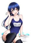  1girl absurdres black_thighhighs blue_hair blue_one-piece_swimsuit breasts cleavage commentary_request competition_school_swimsuit cowboy_shot highleg highleg_swimsuit highres long_hair looking_at_viewer love_live! love_live!_school_idol_project medium_breasts name_tag one-piece_swimsuit open_mouth school_swimsuit sitting solo sonoda_umi surv1v3-13005993 swept_bangs swimsuit teeth thighhighs upper_teeth_only wet wet_clothes wet_swimsuit white_background yellow_eyes 