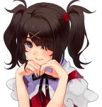  1girl ame-chan_(needy_girl_overdose) black_hair black_nails black_ribbon closed_mouth collar collared_shirt flypopo hair_ornament hair_over_one_eye hair_tie hands_on_own_chin highres looking_at_viewer neck_ribbon needy_girl_overdose purple_eyes red_shirt ribbon shirt simple_background solo twintails upper_body white_background white_collar x_hair_ornament 