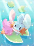  alternate_color animal_focus border closed_eyes closed_mouth commentary_request fins from_above hanabusaoekaki highres lily_pad mudkip no_humans open_mouth pokemon pokemon_(creature) ripples shiny_and_normal shiny_pokemon smile solid_oval_eyes water white_border 