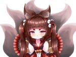  1girl :t amagi-chan_(azur_lane) animal_ear_fluff animal_ears azur_lane bangs blunt_bangs brown_hair commentary_request detached_sleeves eyeshadow fox_ears fox_girl fox_tail highres japanese_clothes kokonoe910 kyuubi long_hair long_sleeves looking_at_viewer makeup multiple_tails pout purple_eyes rope shimenawa sidelocks simple_background solo tail thick_eyebrows twintails v_arms white_background wide_sleeves 