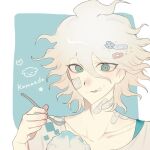  1boy bandaid bandaid_on_cheek bandaid_on_face bandaid_on_neck blush character_name collarbone danganronpa_(series) danganronpa_2:_goodbye_despair flower food food_on_face green_background grey_eyes hair_between_eyes highres holding holding_spoon komaeda_nagito medium_hair messy_hair multicolored_hair portrait solo spoon two-tone_hair white_background zzz_deqb 