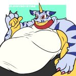  2023 animal_skin anthro bandai_namco belly big_belly claws clothing digimon digimon_(species) digital_media_(artwork) floofyboyetime fur gabumon gesture horn male morbidly_obese morbidly_obese_anthro obese obese_anthro open_mouth overweight overweight_anthro scalie simple_background solo thumbs_up yellow_body 