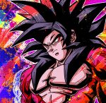  1boy bare_pectorals biceps black_hair body_fur closed_mouth commentary dragon_ball dragon_ball_gt highres male_focus monkey_boy muscular muscular_male no_nipples pectorals scowl solo son_goku spiked_hair super_saiyan super_saiyan_4 upper_body ushi_(akabec0) yellow_eyes 