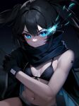  1girl absurdres bare_shoulders bikini bikini_top_only black_gloves black_hair black_rock_shooter black_rock_shooter_(character) blue_eyes gloves highres jacket long_hair navel non-web_source open_clothes open_jacket scarf shorts star_tattoo swimsuit tattoo tokyo_(1421) twintails 