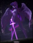  3d_(artwork) absurd_res anthro anthrofied breasts digital_media_(artwork) equid equine feathers friendship_is_magic genitals hasbro hi_res holding_object holding_sword holding_weapon horn mammal melee_weapon my_little_pony nipples nude purple_body purple_feathers pussy steamyart sword twilight_sparkle_(mlp) weapon winged_unicorn wings 