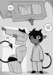  biped butt clothed clothing comic demon english_text fingers freckles_(artist) hair horn male monochrome pajamas solo spade_tail tail text thought_bubble 