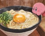  blowing_on_food blue_eyes blush_stickers bowl commentary egg food food_focus kirby kirby_(series) miclot no_humans noodles open_mouth pink_footwear shoes steam udon 