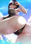  1girl andou_you ass black_hair black_one-piece_swimsuit blue_sky blurry blurry_background breasts bright_pupils cameltoe cloud competition_swimsuit covered_nipples green_eyes hexagon_print large_breasts looking_back one-piece_swimsuit original pool short_hair sky solo swimsuit water wet white_pupils 