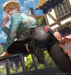  2boys artist_name ass back black_male_underwear black_pants blonde_hair blue_shirt clothes_pull cloud day male_focus male_underwear multiple_boys one_piece outdoors pants pants_pull runa_(nori31291404) sanji_(one_piece) shirt short_hair sky solo_focus tongue tongue_out underwear yaoi 