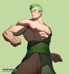  1boy abs artist_name bara clenched_hands earrings fundoshi green_background green_hair green_kimono highres japanese_clothes jewelry kimono large_pectorals male_focus muscular muscular_male nipples one_piece otokobara patreon_username pectorals roronoa_zoro scar scar_across_eye scar_on_face short_hair simple_background solo 