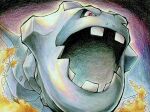  fire looking_to_the_side no_humans open_mouth pokemon pokemon_(creature) ray_0_zero red_eyes scan serious simple_background solo spikes steelix teeth traditional_media 